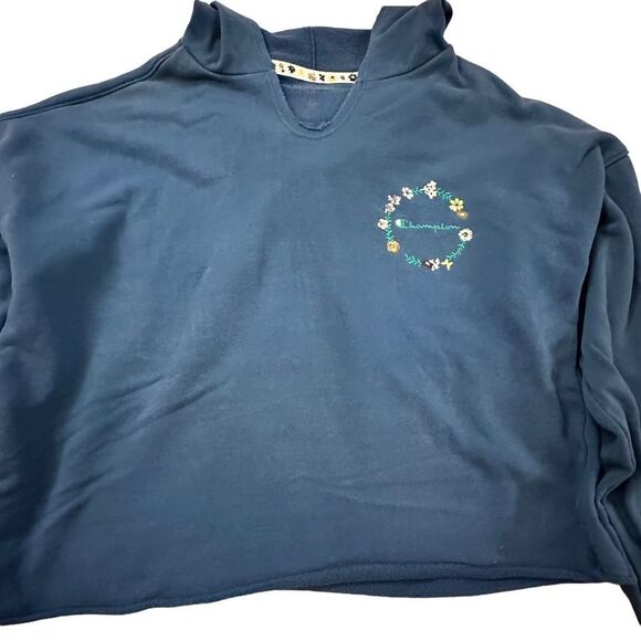 Champion ~ Turquoise/Teal Blue vneck cropped hooded sweatshirt ~ size Small - Picture 5 of 11